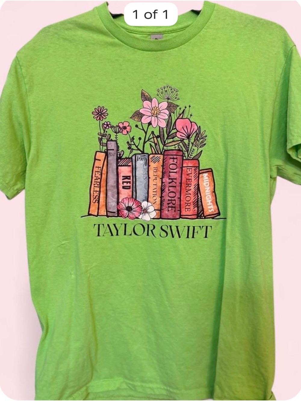 Taylor Swift Lime Green Graphic Tee with Pink Floral & Orange Book Accents